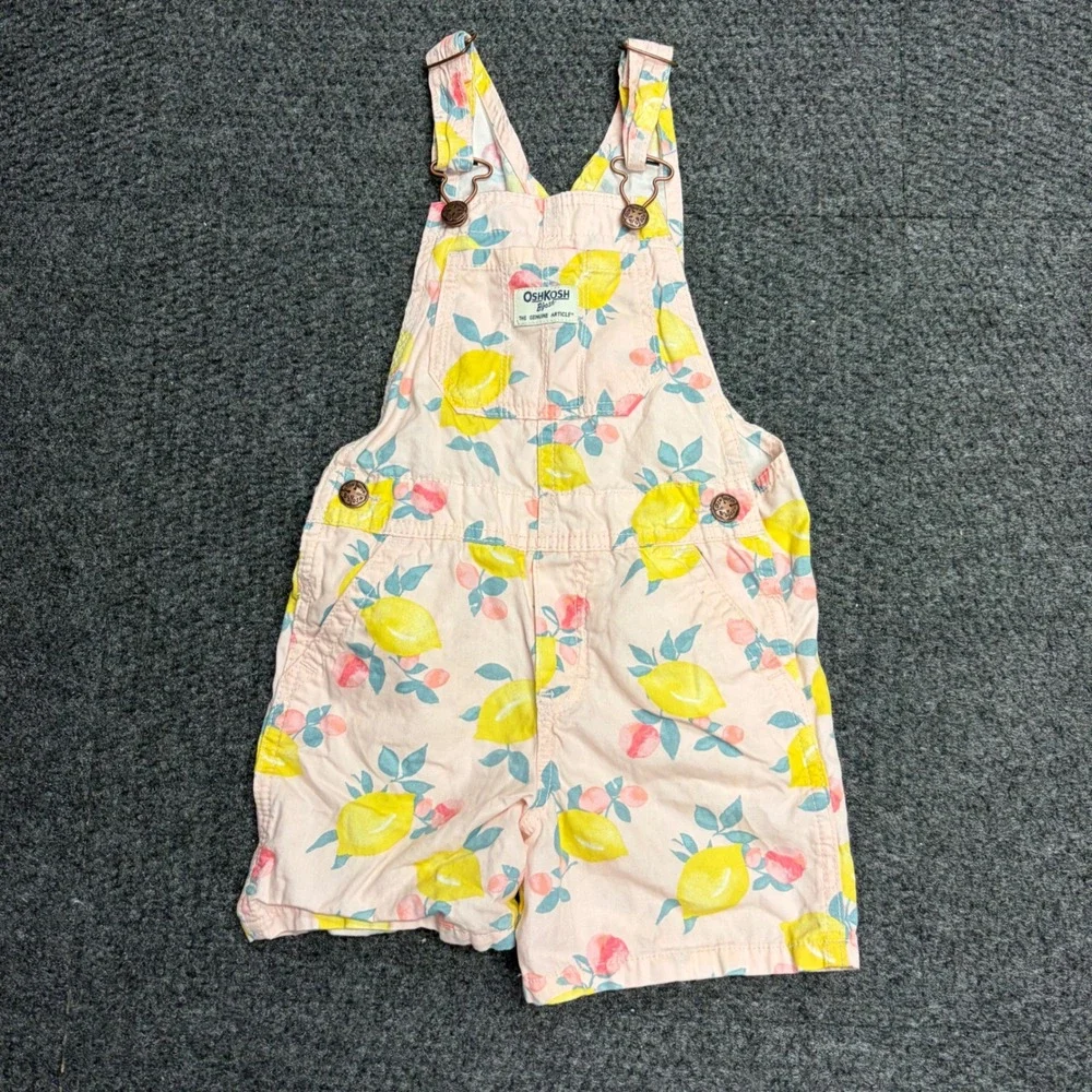 OshKosh Bgosh Toddler Girls 4T Pink Lemon Peach Fruit Print Vestbak Shortalls